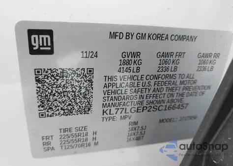 2025 Chevrolet Trax Fwd 1Rs from USA, damaged, VIN KL77LGEP2SC166457